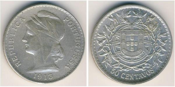 50 Сентаво Перша Португальська Республіка (1910 - 1926) Срібло 