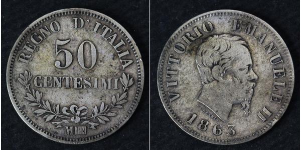 50 Сентесімо Kingdom of Italy (1861-1946) Срібло Victor Emmanuel II of Italy (1820 - 1878)
