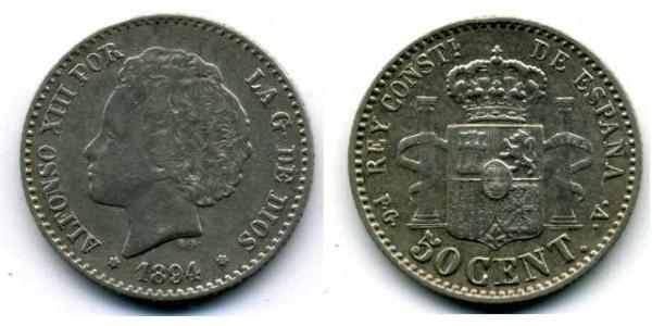 50 Сентімо Королівство Іспанія (1874 - 1931) Срібло 