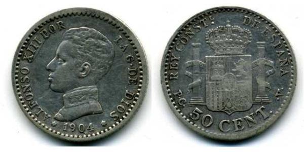 50 Сентімо Королівство Іспанія (1874 - 1931) Срібло Alfonso XIII of Spain (1886 - 1941)