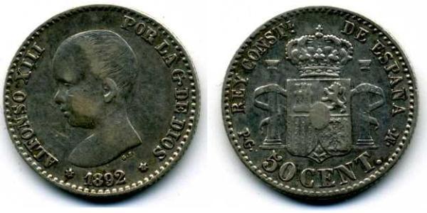 50 Сентімо Королівство Іспанія (1874 - 1931) Срібло 