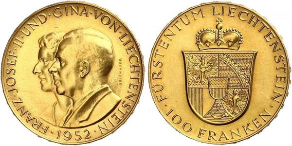 50 Франк Лихтенштейн Золото Franz Joseph II, Prince of Liechtenstein (1938 - 1989) 