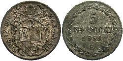 5 Baiocco Papal States (752-1870) Silver Pope Pius IX (1792- 1878)