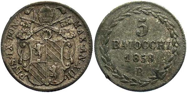 5 Baiocco 教皇国 (754 - 1870) 銀 Pope Pius IX (1792- 1878)