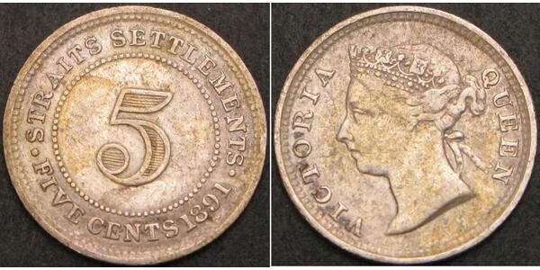5 Cent Insediamenti dello Stretto (1826 - 1946) Argento Vittoria (1819 - 1901)