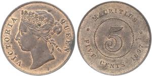 5 Cent Mauritius Bronzo Vittoria (1819 - 1901)
