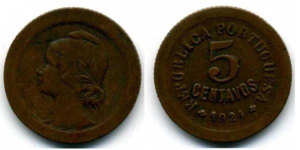 5 Centavo Prima repubblica portoghese (1910 - 1926) Bronzo 