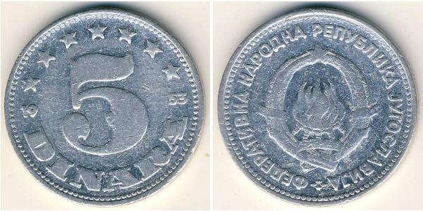 5 Dinaro República Federativa Socialista de Yugoslavia (1943 -1992) Aluminio 