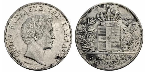 5 Drachma Reino de Grecia (1832-1924) Plata Otón I de Grecia (1815 - 1867)