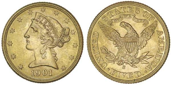 5 Dólar Estados Unidos de América (1776 - ) Oro 