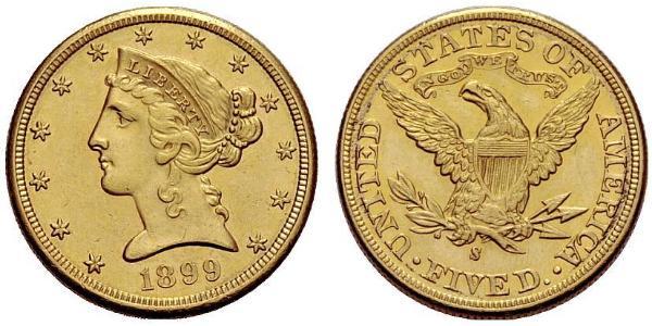 5 Dólar Estados Unidos de América (1776 - ) Oro 