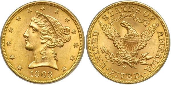 5 Dólar Estados Unidos de América (1776 - ) Oro 
