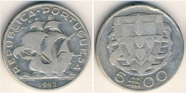 5 Escudo Portuguese Republic - Dictadura Nacional Plata 