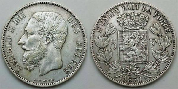 5 Franc Belgique Argent Leopold II (1835 - 1909)