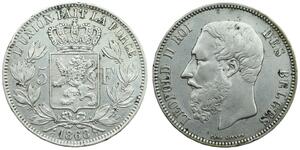 5 Franc Belgio Argento Leopold II (1835 - 1909)