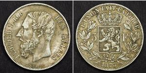 5 Franc Belgio Argento Leopold II (1835 - 1909)