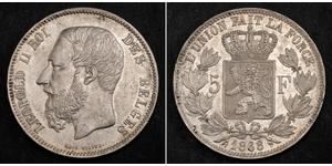 5 Franc Belgio Argento Leopold II (1835 - 1909)