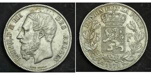 5 Franc Belgio Argento Leopold II (1835 - 1909)