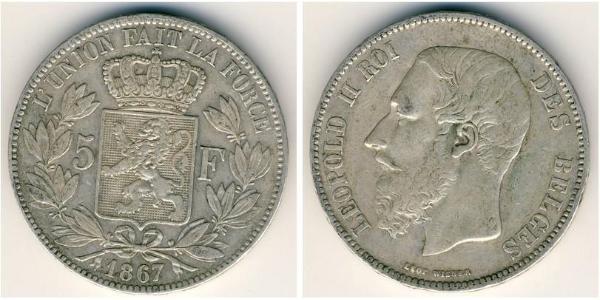 5 Franc Belgio Argento Leopold II (1835 - 1909)