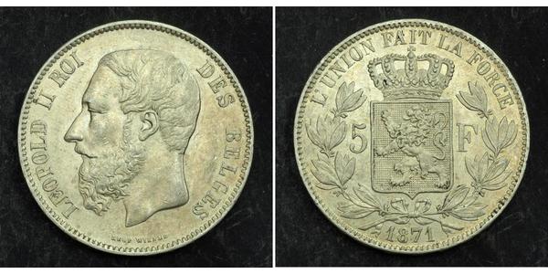 5 Franc Belgio Argento Leopold II (1835 - 1909)