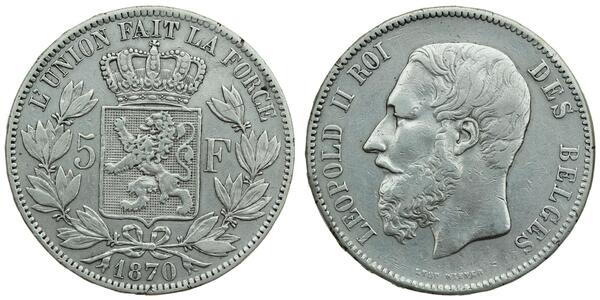 5 Franc Belgio Argento Leopold II (1835 - 1909)