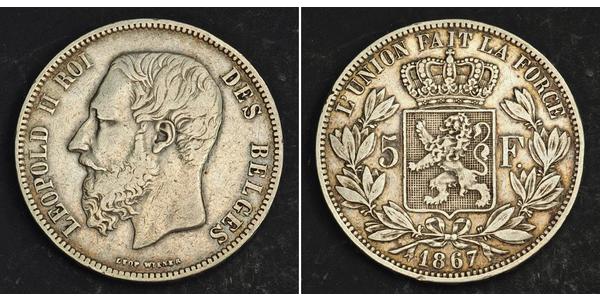 5 Franc Belgio Argento Leopold II (1835 - 1909)