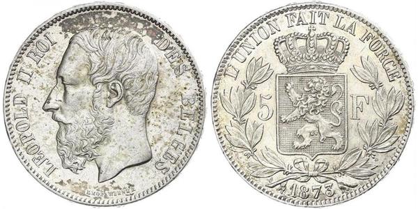 5 Franc Belgio Argento Leopold II (1835 - 1909)