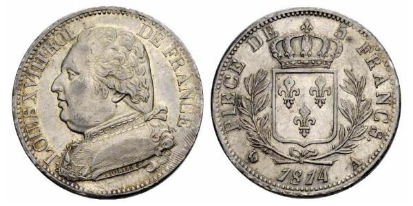 5 Franc Kingdom of France (1815-1830) Argento Luigi XVIII di Francia (1755-1824)