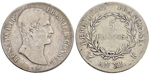 5 Franc Primo Impero francese (1804-1814) Argento Napoleone Bonaparte(1769 - 1821)