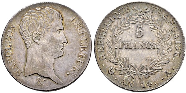 5 Franc Primo Impero francese (1804-1814) Argento Napoleone Bonaparte(1769 - 1821)