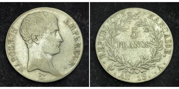5 Franc Primo Impero francese (1804-1814) Argento Napoleone Bonaparte(1769 - 1821)