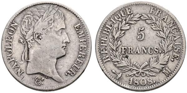 5 Franc Primo Impero francese (1804-1814) Argento Napoleone Bonaparte(1769 - 1821)