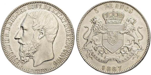 5 Franc Stato Libero del Congo (1885 - 1908) Argento Leopold II (1835 - 1909)