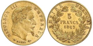 5 Franc Second French Empire (1852-1870) Gold Napoleon III (1808-1873)