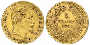 5 Franc Second French Empire (1852-1870) Gold Napoleon III (1808-1873)