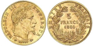 5 Franc Second French Empire (1852-1870) Gold Napoleon III (1808-1873)