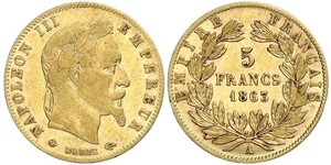 5 Franc Second French Empire (1852-1870) Gold Napoleon III (1808-1873)