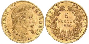 5 Franc Second French Empire (1852-1870) Gold Napoleon III (1808-1873)