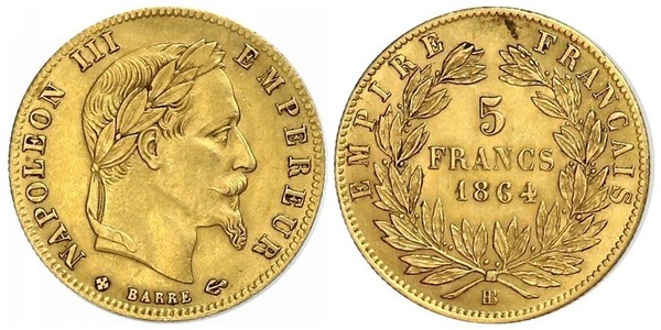 5 Franc Second French Empire (1852-1870) Gold Napoleon III (1808-1873)