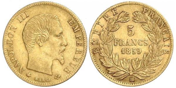 5 Franc Second French Empire (1852-1870) Gold Napoleon III (1808-1873)