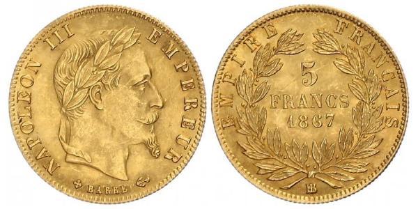 5 Franc Second French Empire (1852-1870) Gold Napoleon III (1808-1873)