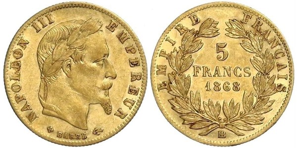 5 Franc Second French Empire (1852-1870) Gold Napoleon III (1808-1873)