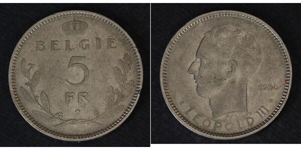 5 Franc Belgio Nichel Leopoldo III del Belgio