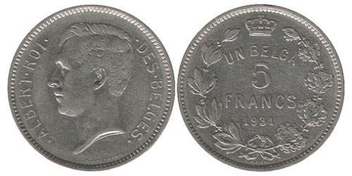 5 Franc Belgium Nickel Albert I of Belgium (1875 - 1934)