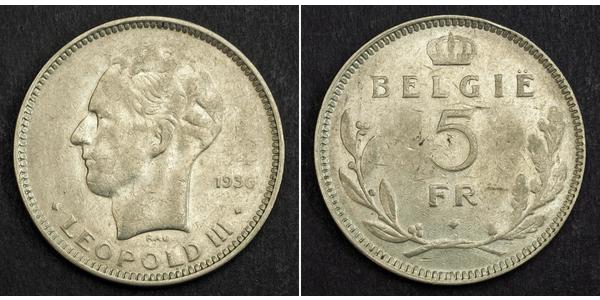 5 Franc Belgium Nickel Leopold III of Belgium