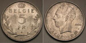 5 Franc Bélgica Níquel Leopoldo III de Bélgica