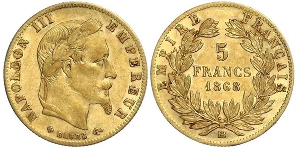 5 Franc Secondo Impero francese (1852-1870) Oro Napoleone III (1808-1873)