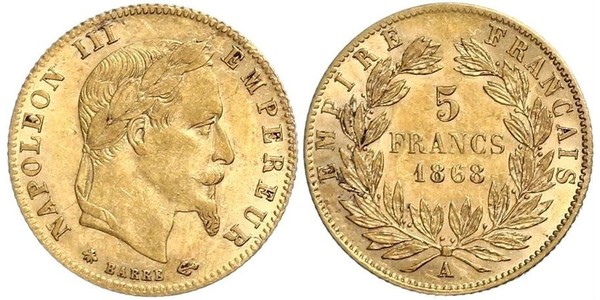 5 Franc Secondo Impero francese (1852-1870) Oro Napoleone III (1808-1873)