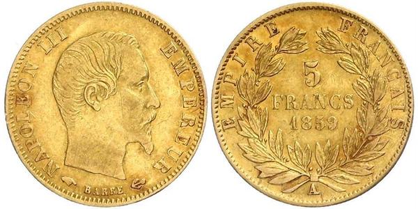 5 Franc Secondo Impero francese (1852-1870) Oro Napoleone III (1808-1873)