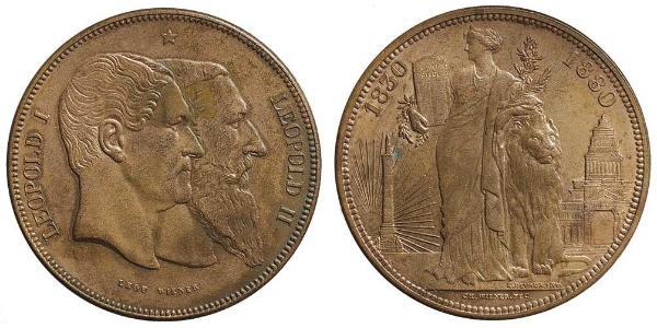 5 Franc Bélgica Plata Leopold II (1835 - 1909) / Leopoldo I de Bélgica (1790-1865)